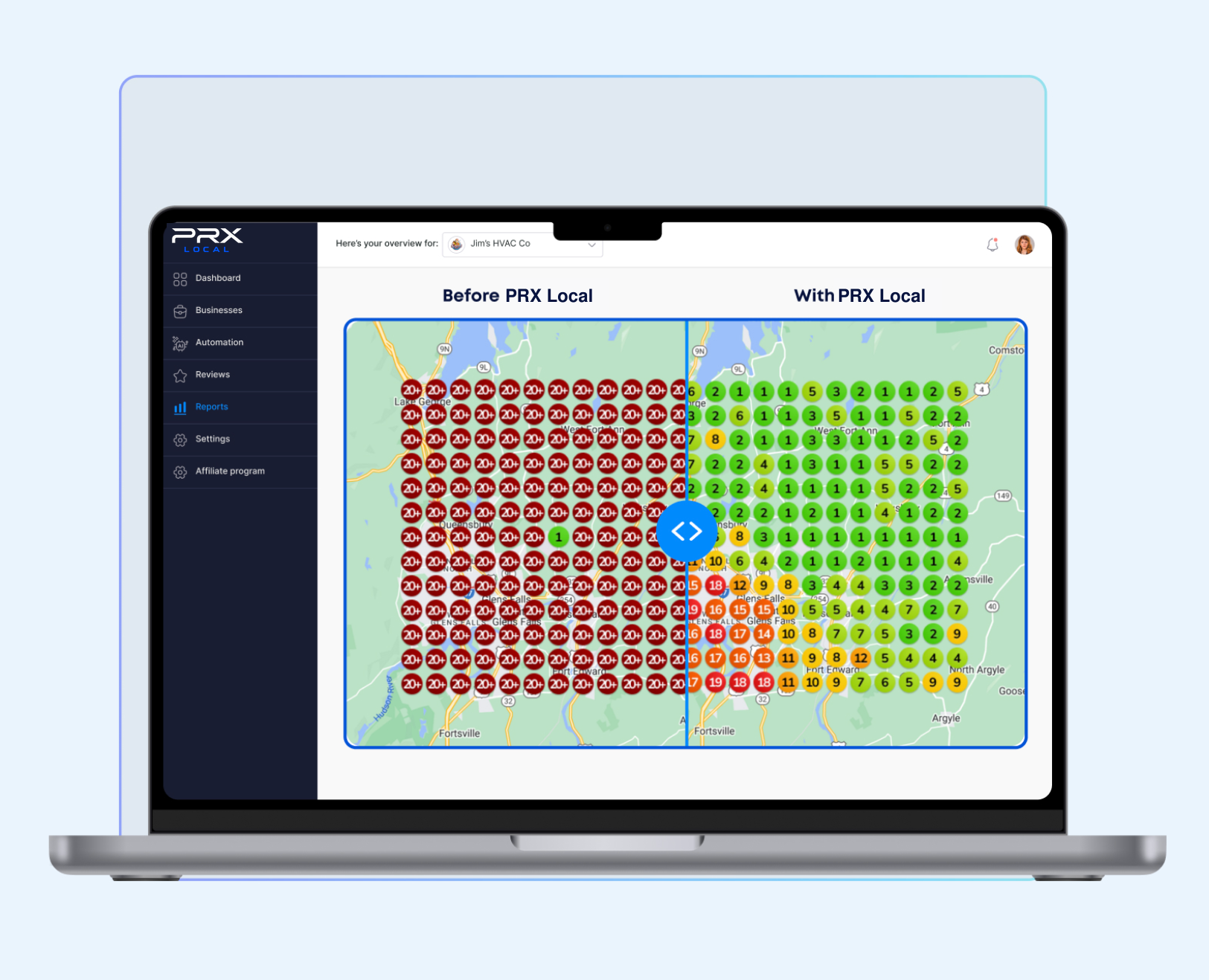 PRX Local dashboard comparing local rankings before and with PRX Local: a geographic grid of Google search rankings improving from red 20+ positions to green top positions.