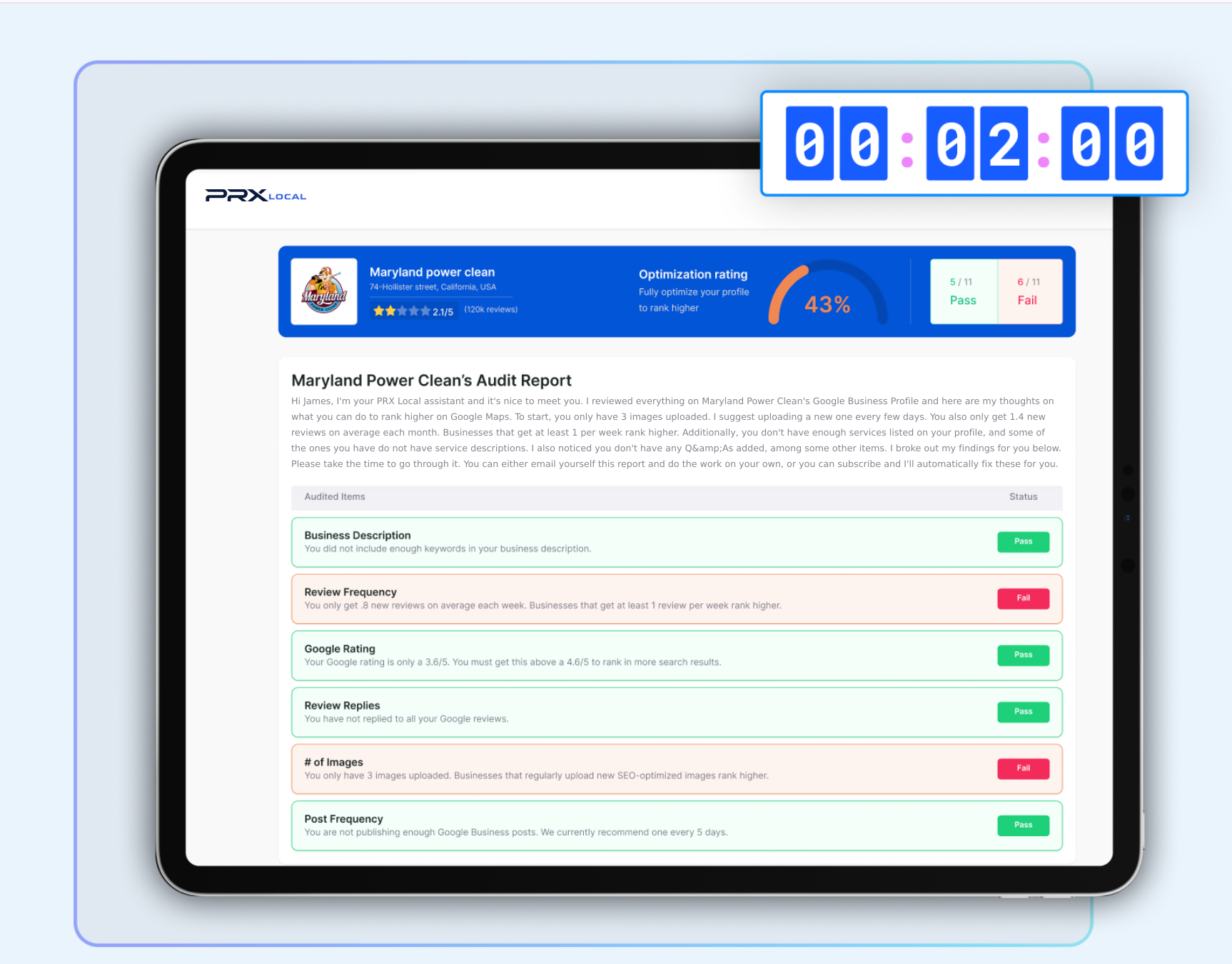 PRX Local AI optimization audit report for Maryland Power Clean showing a 43% optimization rating, pass and fail checks for business description, review frequency, Google rating, review replies, images, and post frequency.