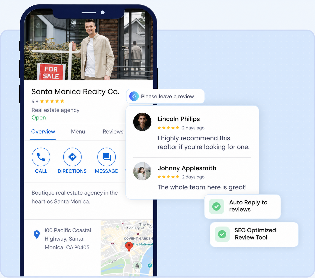 PRX Local review management preview: a Google Business Profile for a real estate agency on a phone with 5-star customer reviews from Lincoln Philips and Johnny Applesmith, alongside ‘Please leave a review’, ‘Auto Reply to reviews’, and ‘SEO Optimized Review Tool’ confirmation cards.