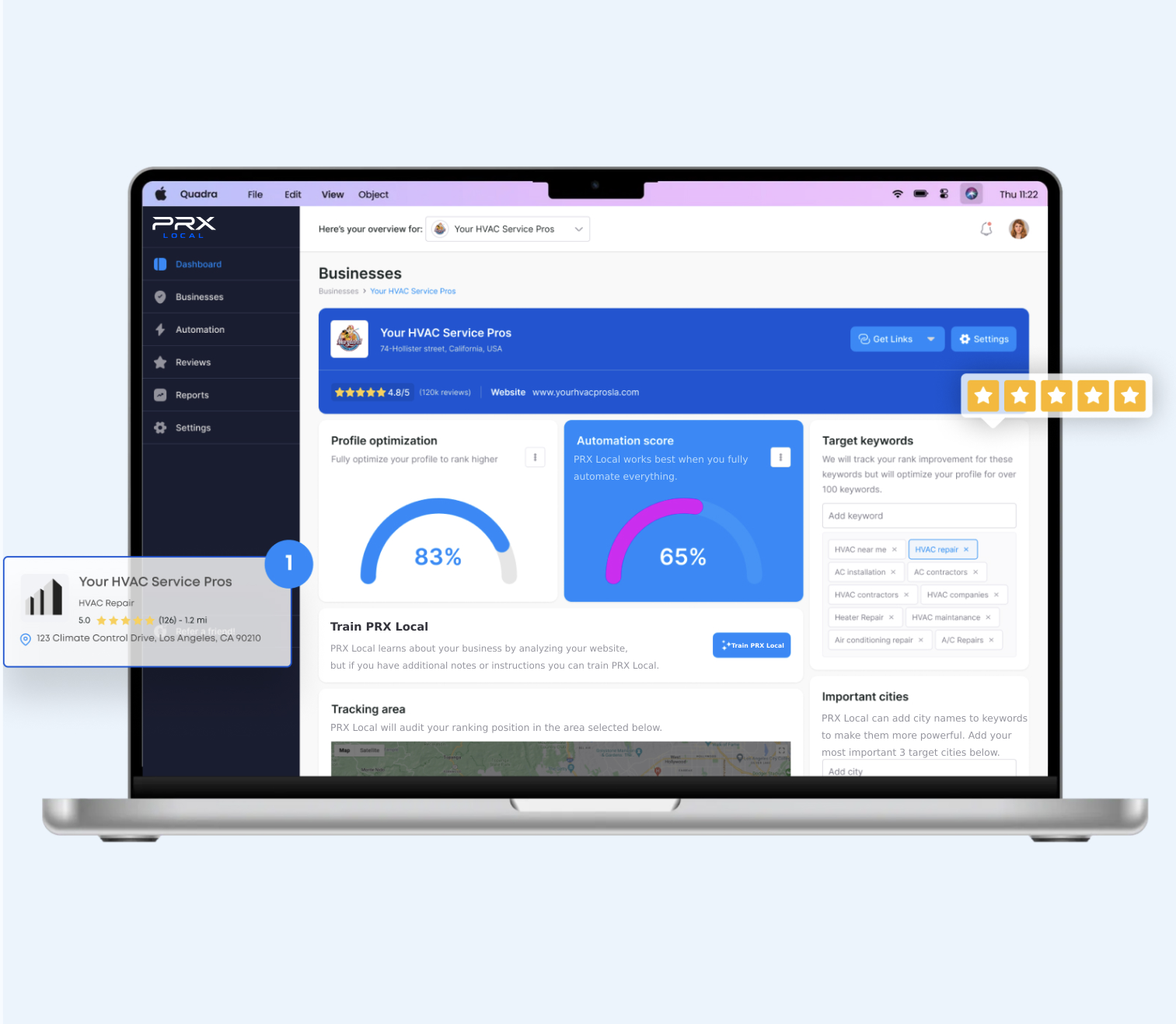PRX Local dashboard showing profile optimization, automation score, target keywords, training controls, and a tracking area for local search visibility.