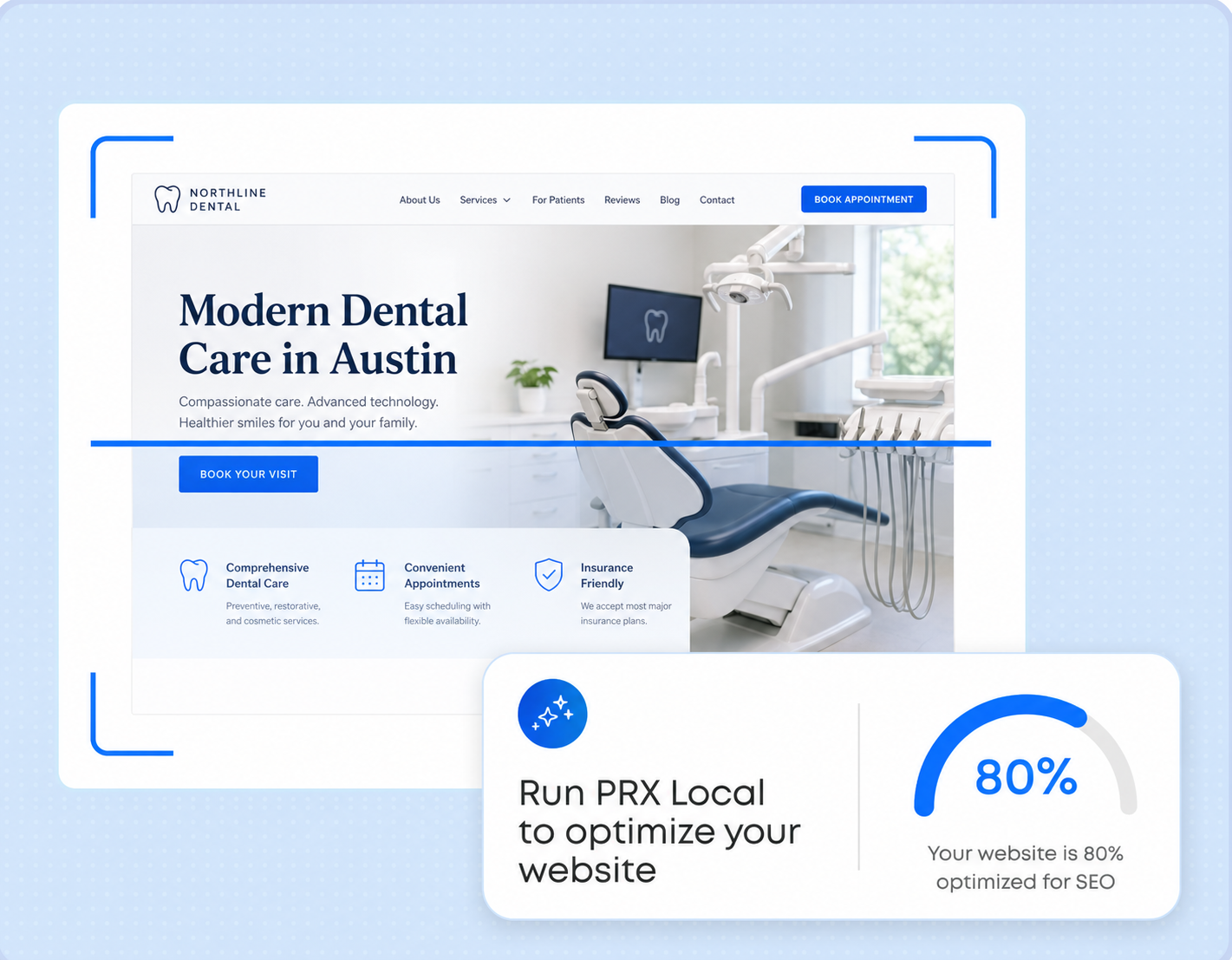 PRX Local website SEO preview: a dental clinic landing page shown alongside a card that reads ‘Run PRX Local to optimize your website’ with an 80% SEO optimization gauge.